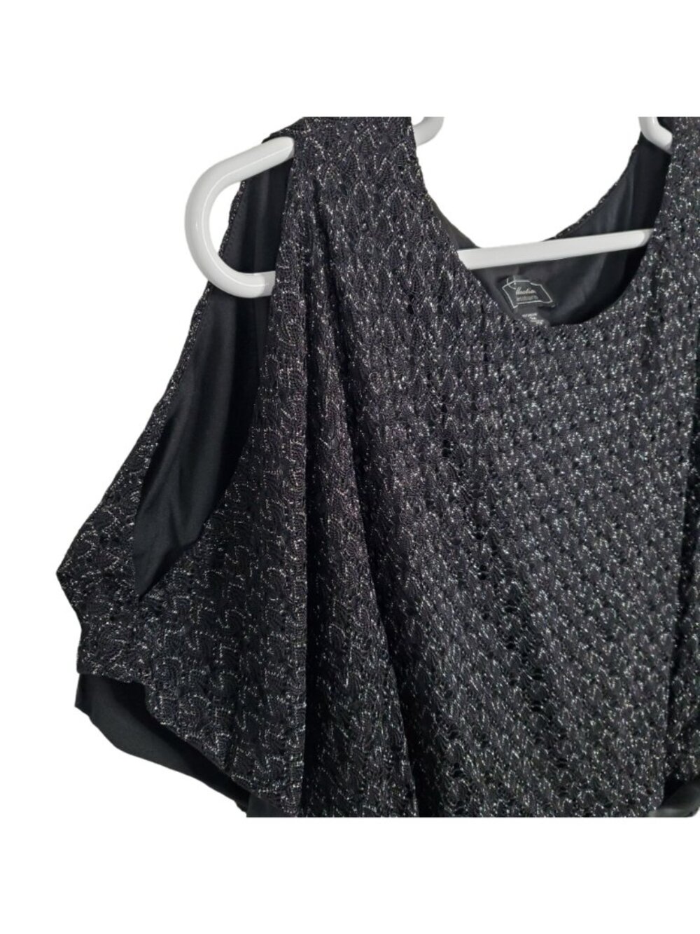 DressBarn Collection Sz 3X Top Open Knit Cold Shoulder Ribbon Tie Peplum Silver - Picture 5 of 9